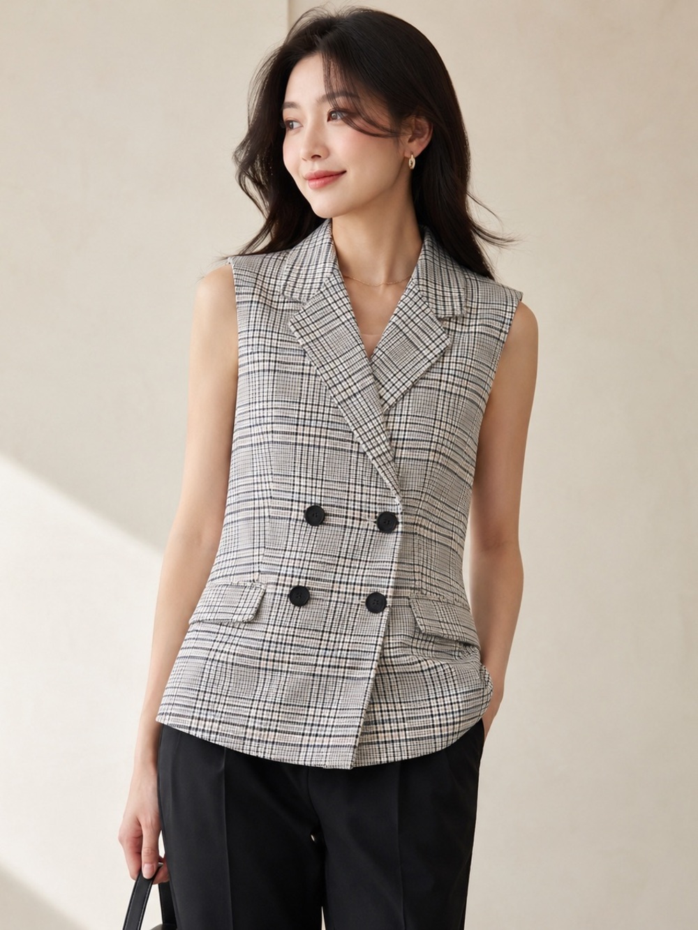 Sanctuary Plaid Sleeveless Double Breasted Tailored Blazer Vest Medium